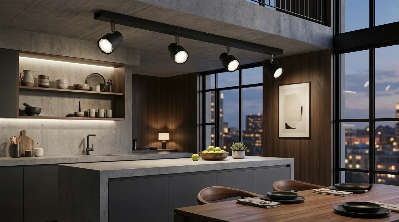 Cocina de un loft iluminada al atardecer con un riel de cuatro spots Ronda