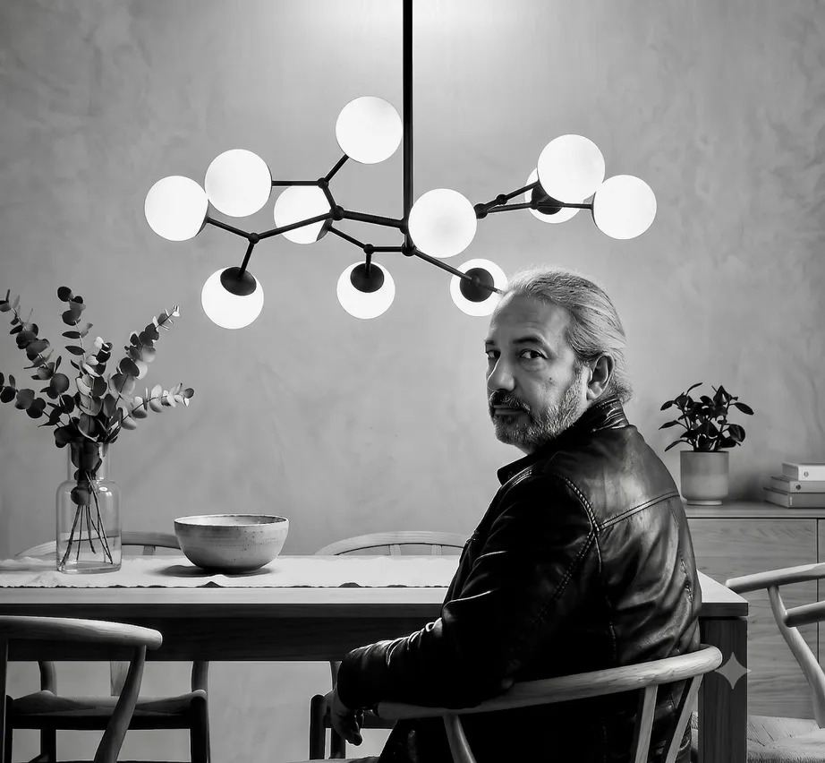 Enrique Valls, diseñador de Iluminación Ronda, sentado a la mesa bajo una araña de globos