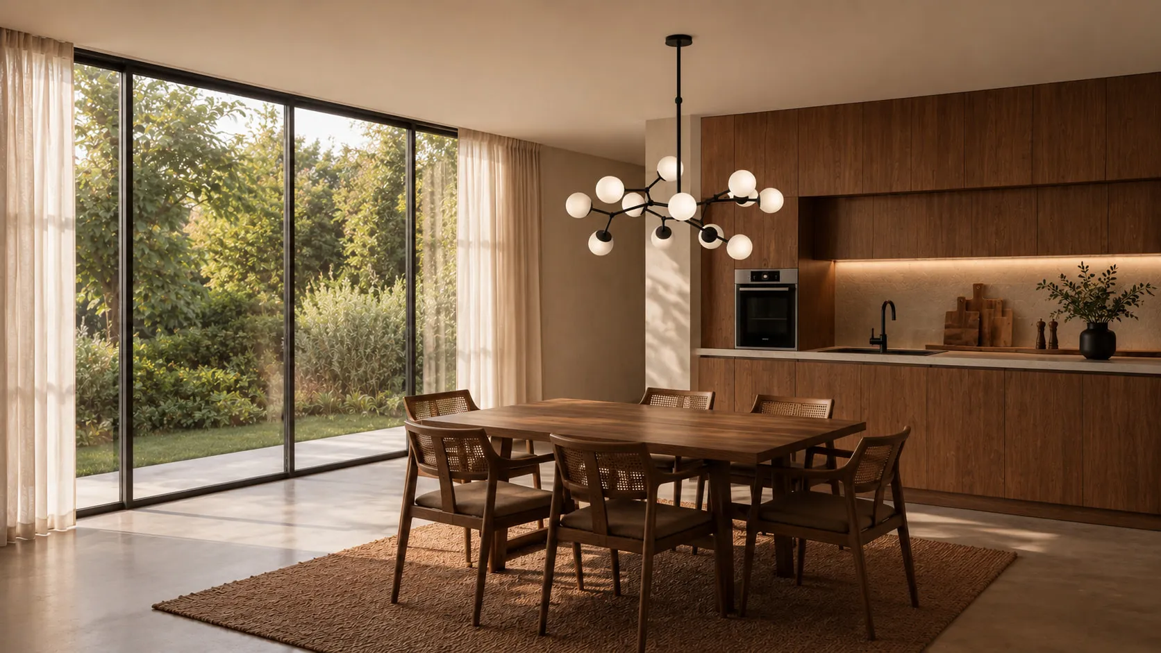 Comedor con una araña Ronda de globos de vidrio soplado sobre la mesa de madera, junto a un ventanal al jardín