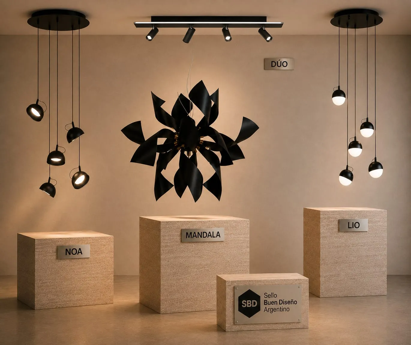 Exhibición de luminarias Ronda con el distintivo del Sello de Buen Diseño Argentino: Mandala, Duo, Lio y Noa sobre bloques rotulados